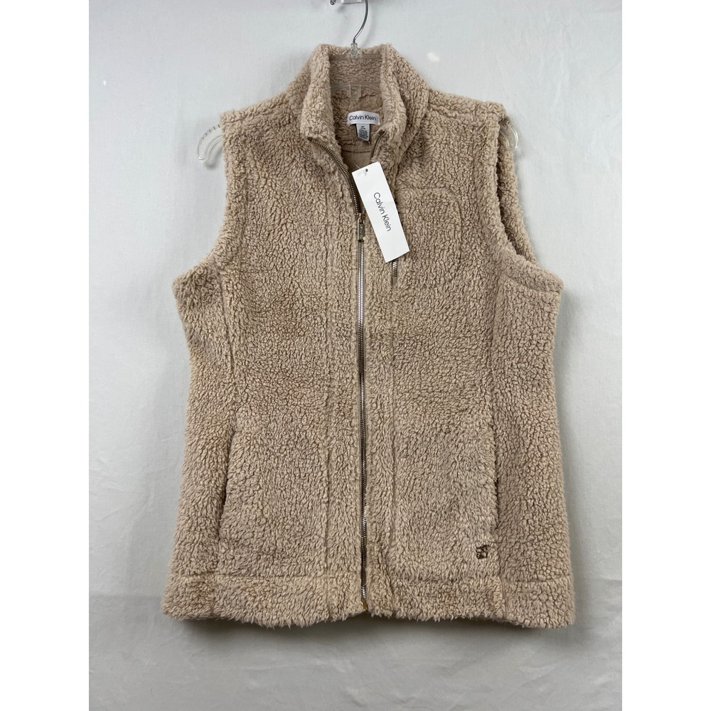 Calvin Klein Sherpa Vest Womens Medium Latte Beige Full Zip New Zip Pockets